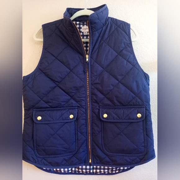 J. Crew Classic Navy Preppy Puffer Casual Vest Gold Zipper Buttons Plaid Lined M - Picture 4 of 7